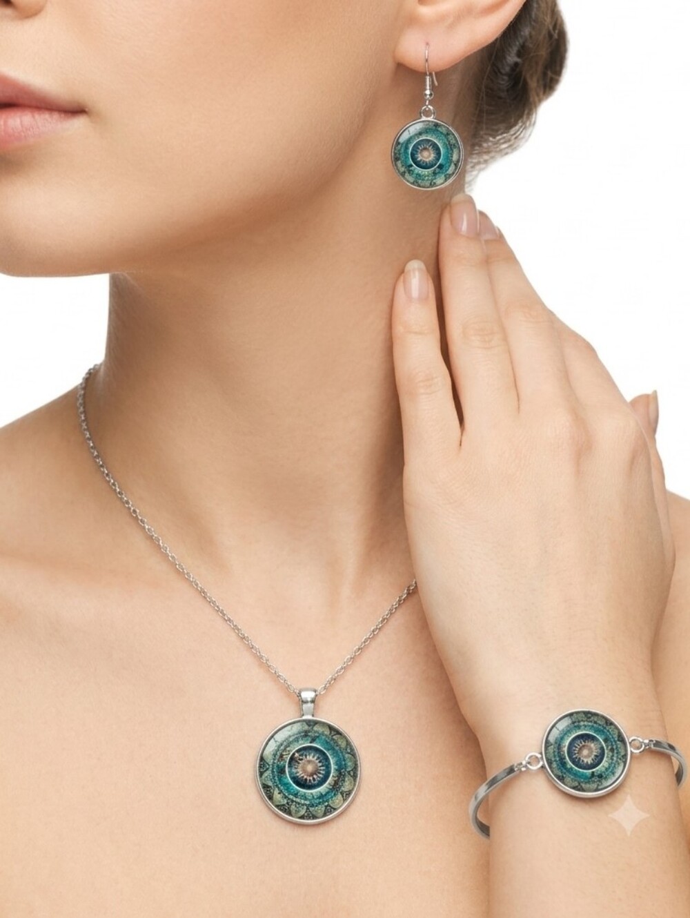 NWT Silver Blue Sunburst Set Necklace Bracelet Earrings Artisan Bohemian